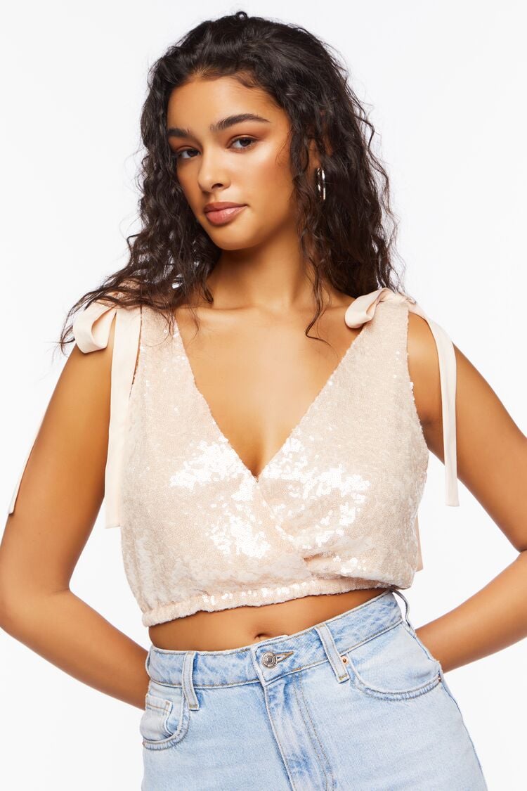 Sequin Tie Strap Crop Top