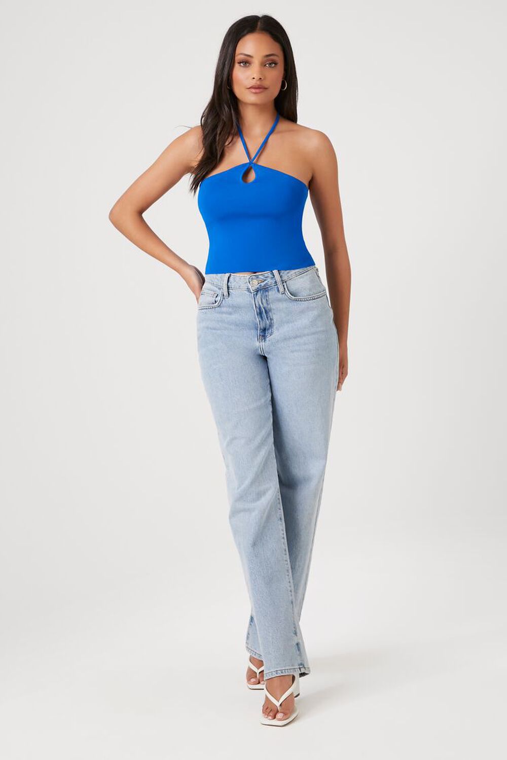 BLUE Ribbed Sweater-Knit Crop Top, image 4