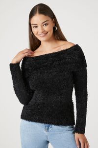 BLACK Fuzzy Knit Off-the-Shoulder Sweater, image 1