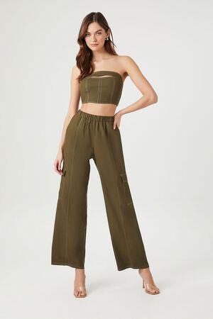 Forever 21 Women's Drawstring Wide-Leg Pants in Olive, XS