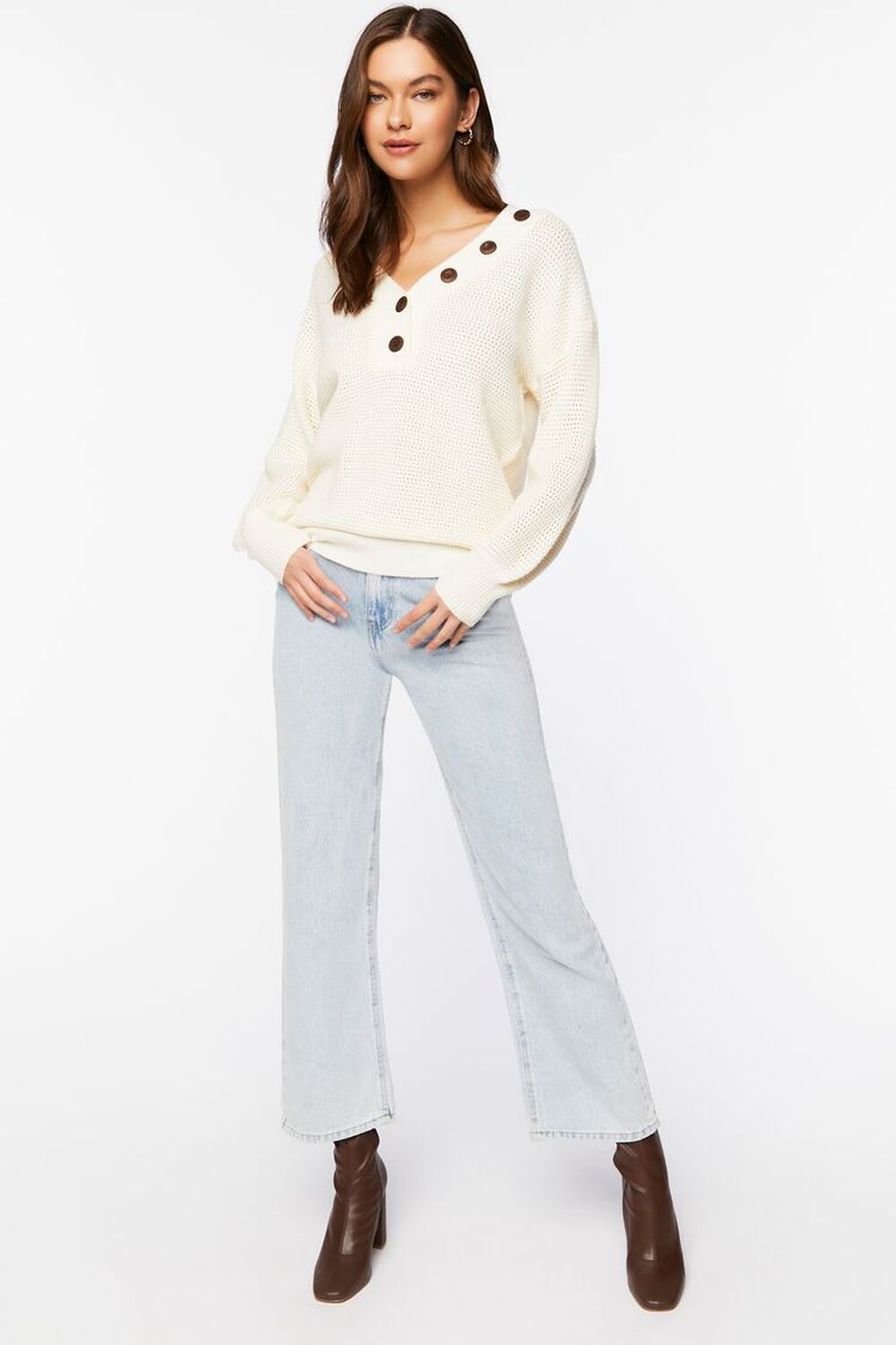 Open-Knit Buttoned Sweater