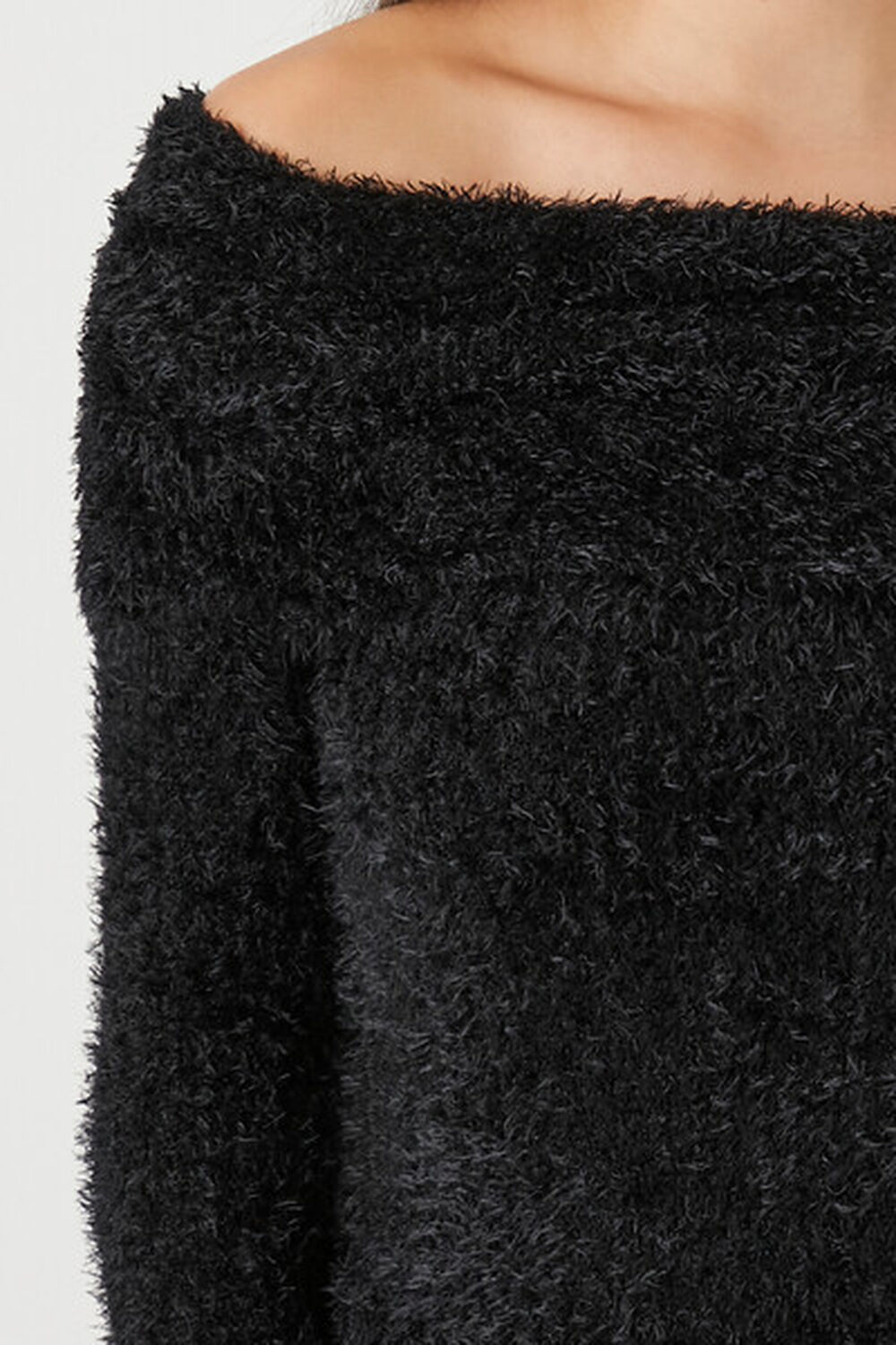 BLACK Fuzzy Knit Off-the-Shoulder Sweater, image 5