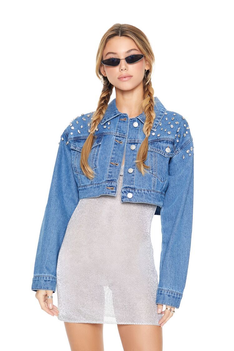 Faux Gem Cropped Denim Jacket