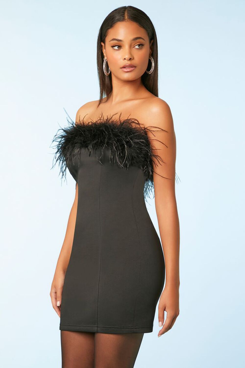 BLACK Feather-Trim Mini Tube Dress, image 2