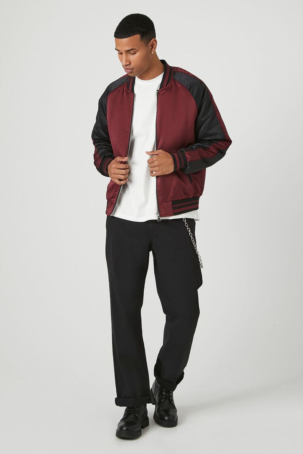 21men Forever 21 Men's Unisex Reebok Varsity-Striped Bomber Jacket in Burgundy, XL | F21