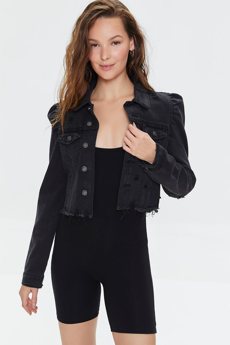 wybzd Women Jean Jacket Coats Frayed Washed Long Puff Sleeve Button Up  Cropped Denim Jacket with Pockets Blue XL - Walmart.com
