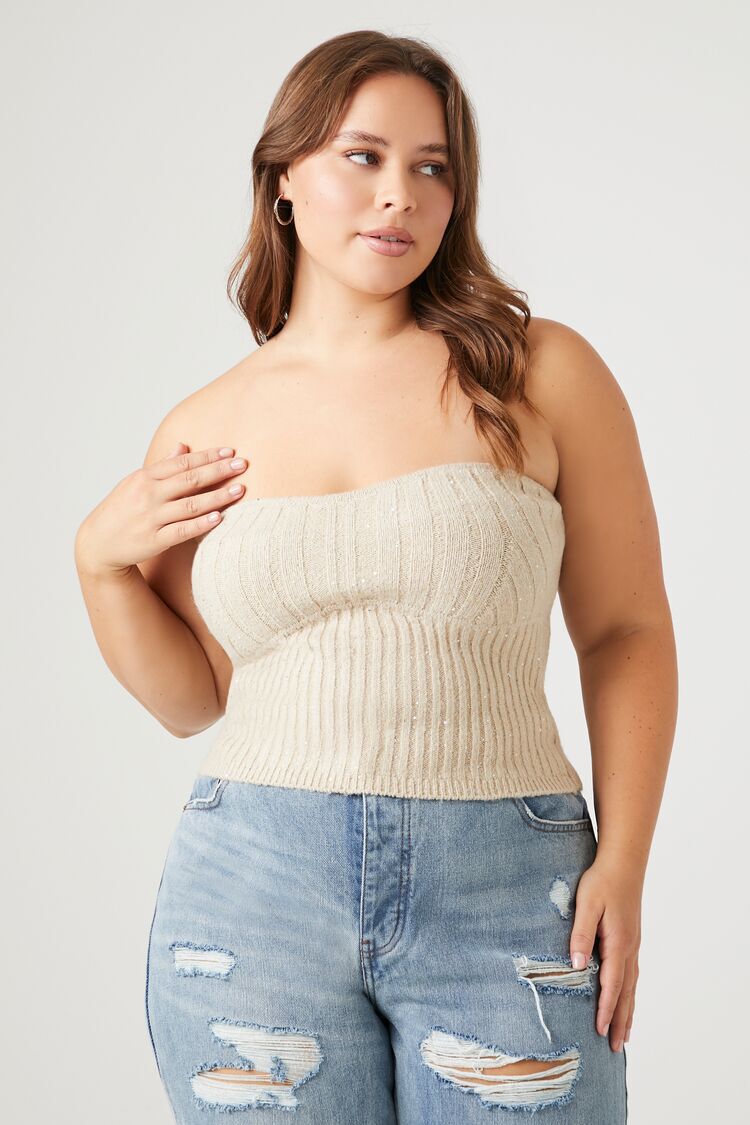 Plus Size Glitter Sweater-Knit Tube Top