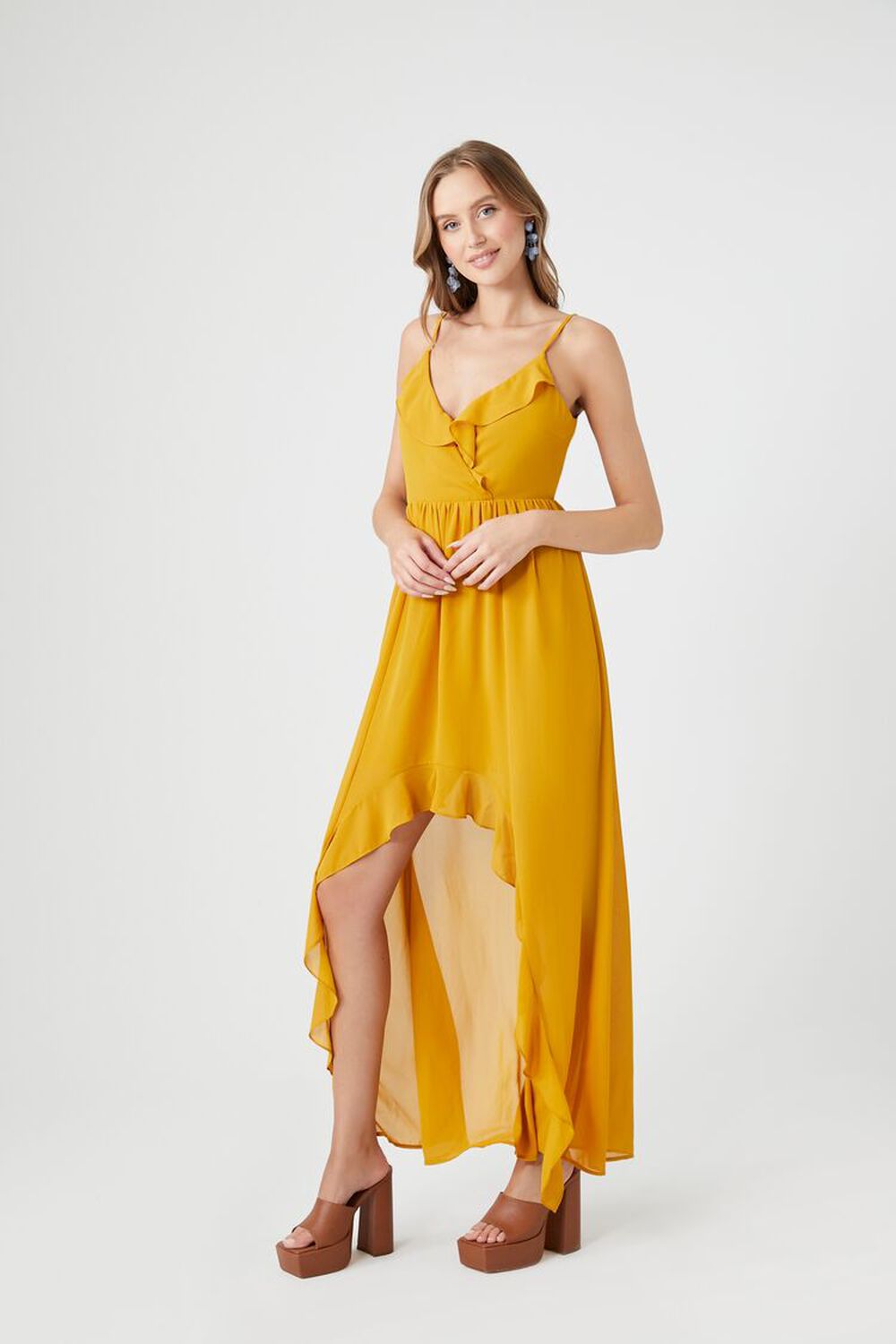 GOLD Chiffon Ruffle High-Low Dress, image 2