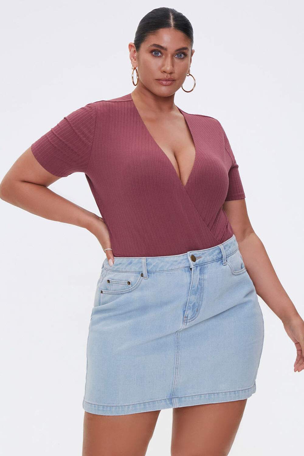 Plus Size Ribbed Surplice Bodysuit 1557