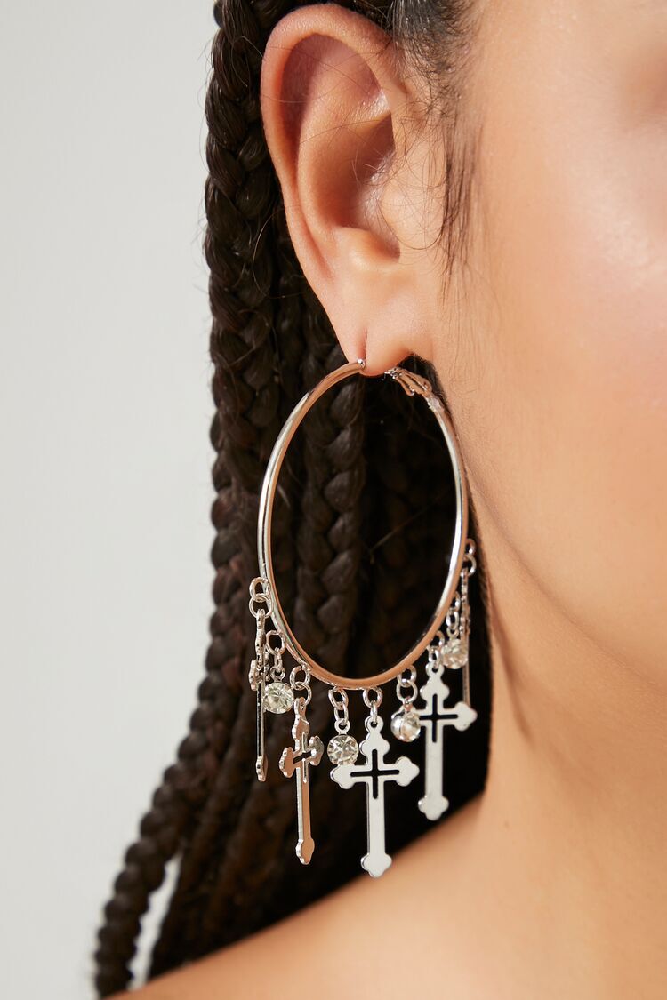 Rhinestone & Cross Hoop Earrings