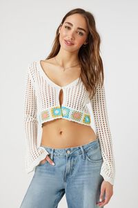 WHITE/MULTI Floral Crochet Cardigan Sweater, image 1