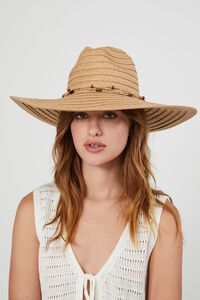 NATURAL/BROWN Beaded-Trim Straw Panama Hat, image 1