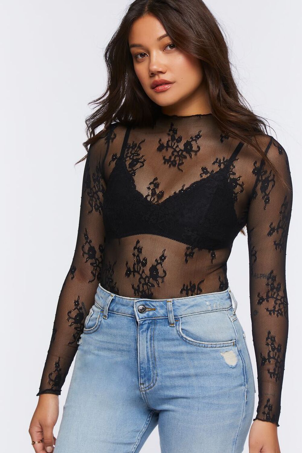 Sheer Lace Mock Neck Bodysuit 