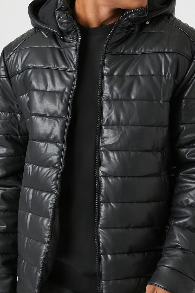 Hooded Faux Leather Puffer Jacket
