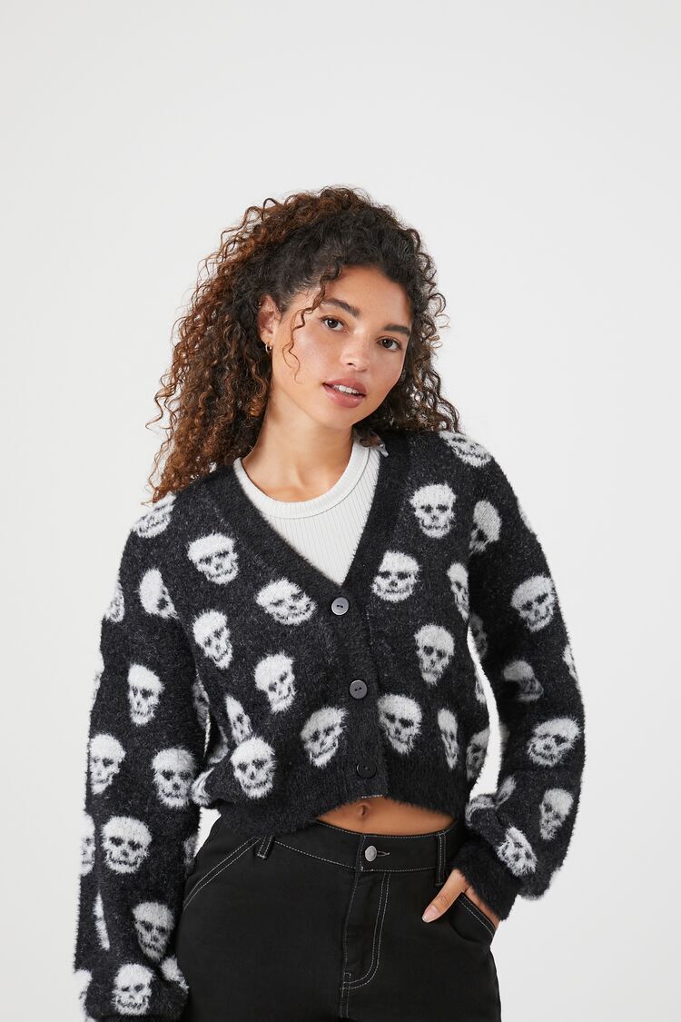 Cropped Skull Print Cardigan Sweater
