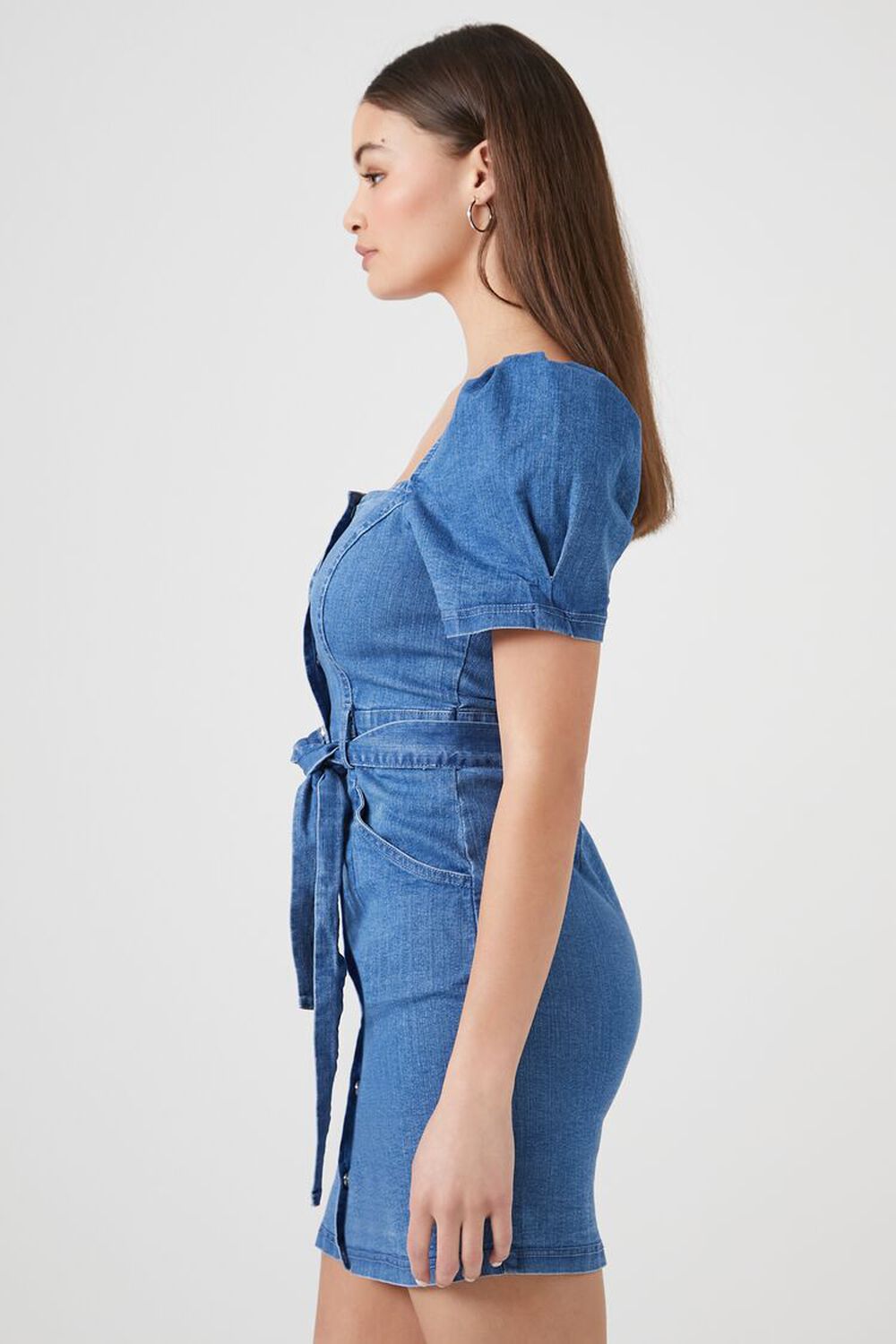 DARK DENIM Puff-Sleeve Denim Mini Dress, image 2