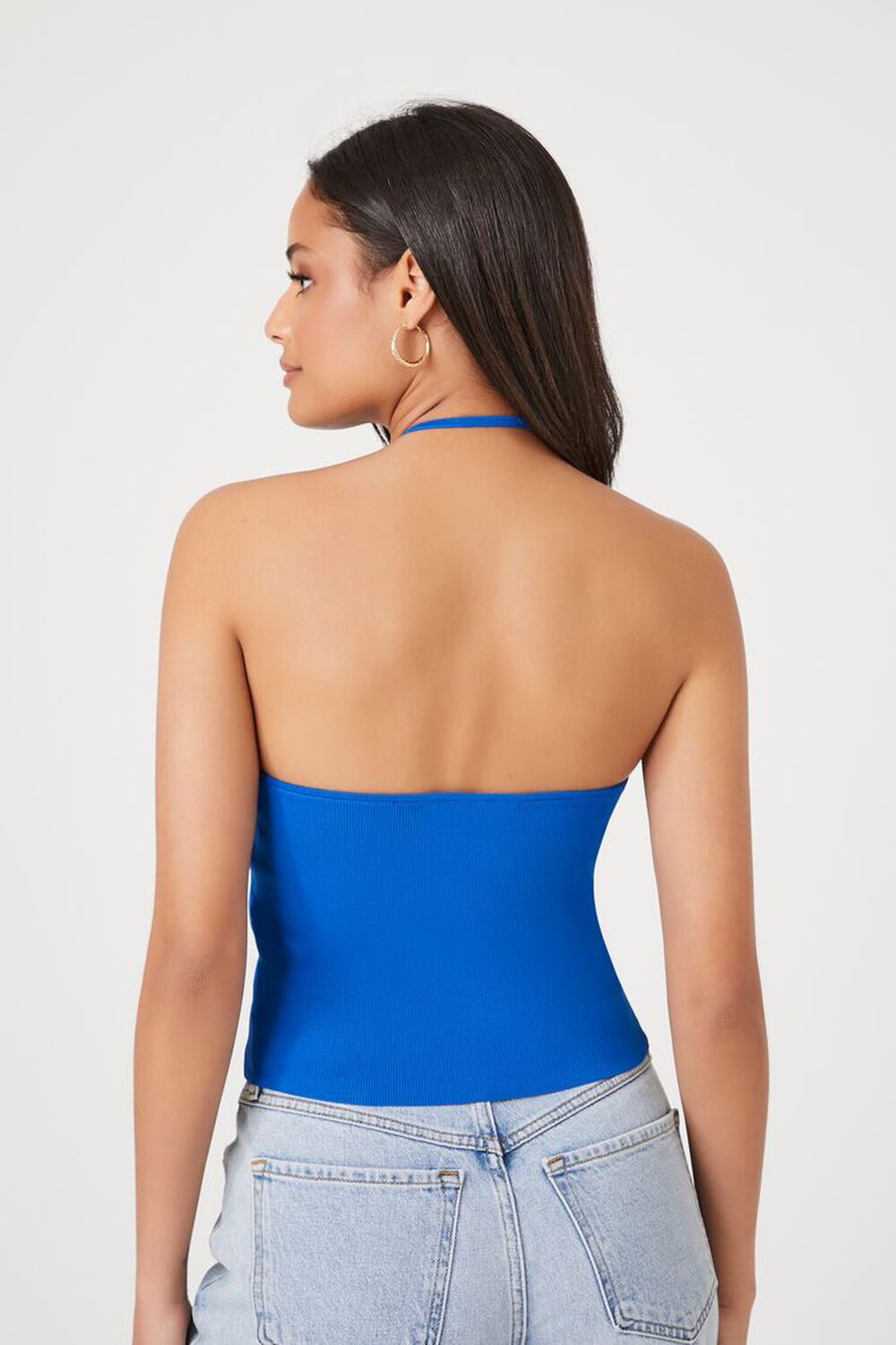 BLUE Ribbed Sweater-Knit Crop Top, image 3