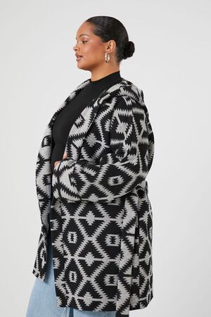 Plus Size Geo Print Hooded Wrap Coat