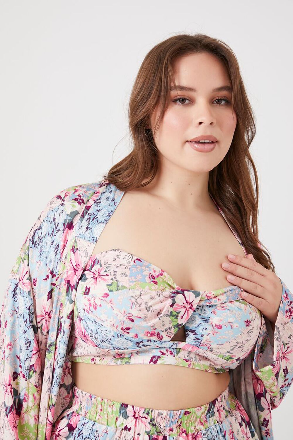 BLUE/MULTI Plus Size Floral Top & Kimono Set, image 5