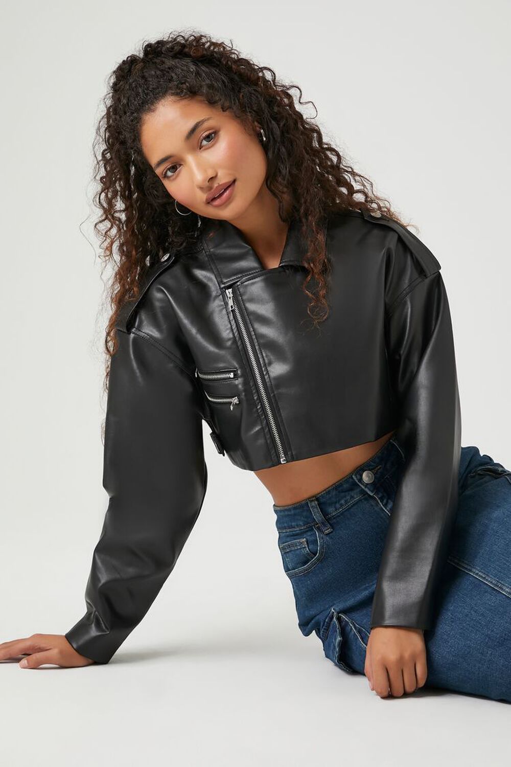 Cropped Leather Crop Moto Jacket