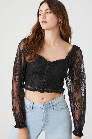 Forever 21 Women's Lace Ruffle-Trim Corset Top in Black Small