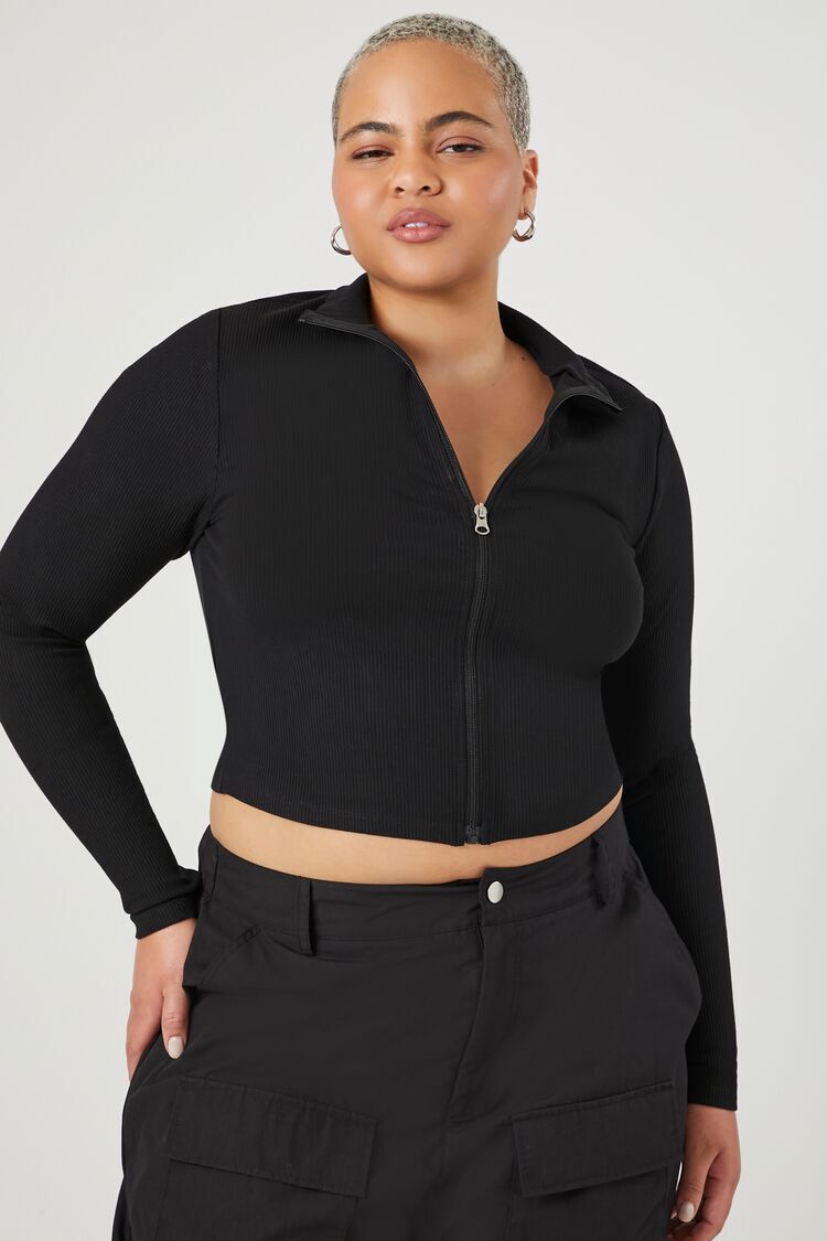 Plus Size Ribbed Knit Zip-Up Top