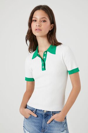 Forever 21 Women's Cropped Jersey-Knit Polo Shirt in White Small | Back to School Essentials | F21