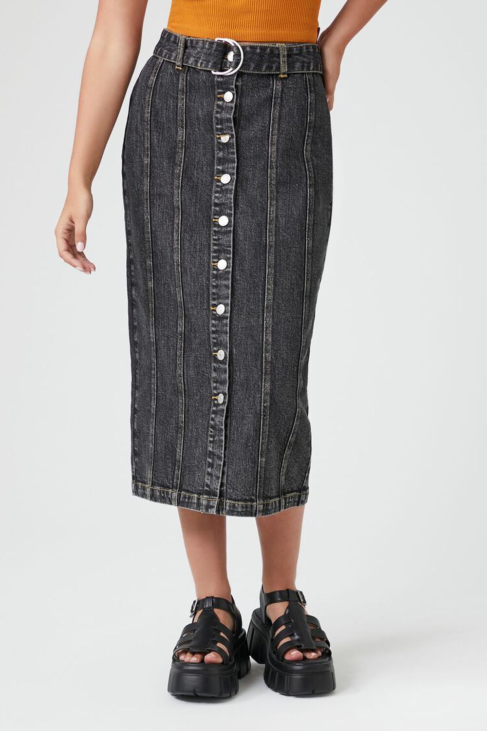 BLACK Button-Front Denim Midi Skirt, image 2