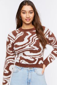 BROWN/CREAM Fuzzy Knit Marble Print Sweater, image 1