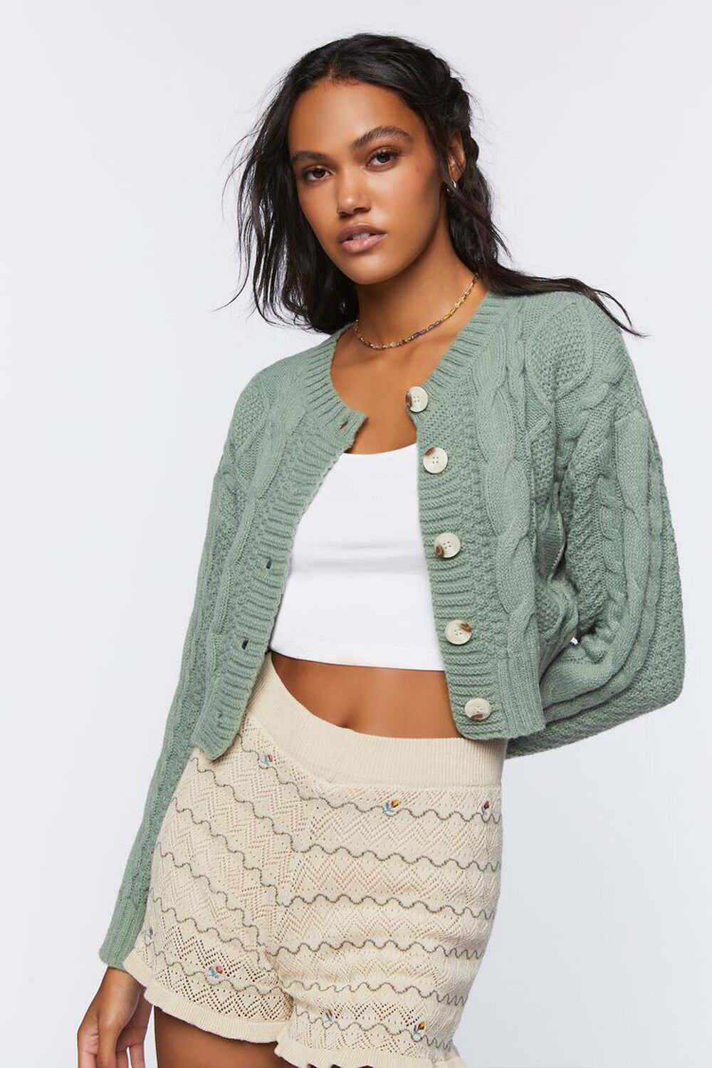 Cable Knit Cropped Cardigan Sweater