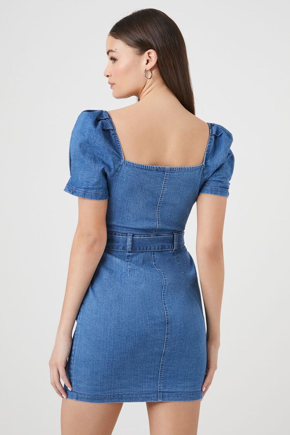 DARK DENIM Puff-Sleeve Denim Mini Dress, image 3