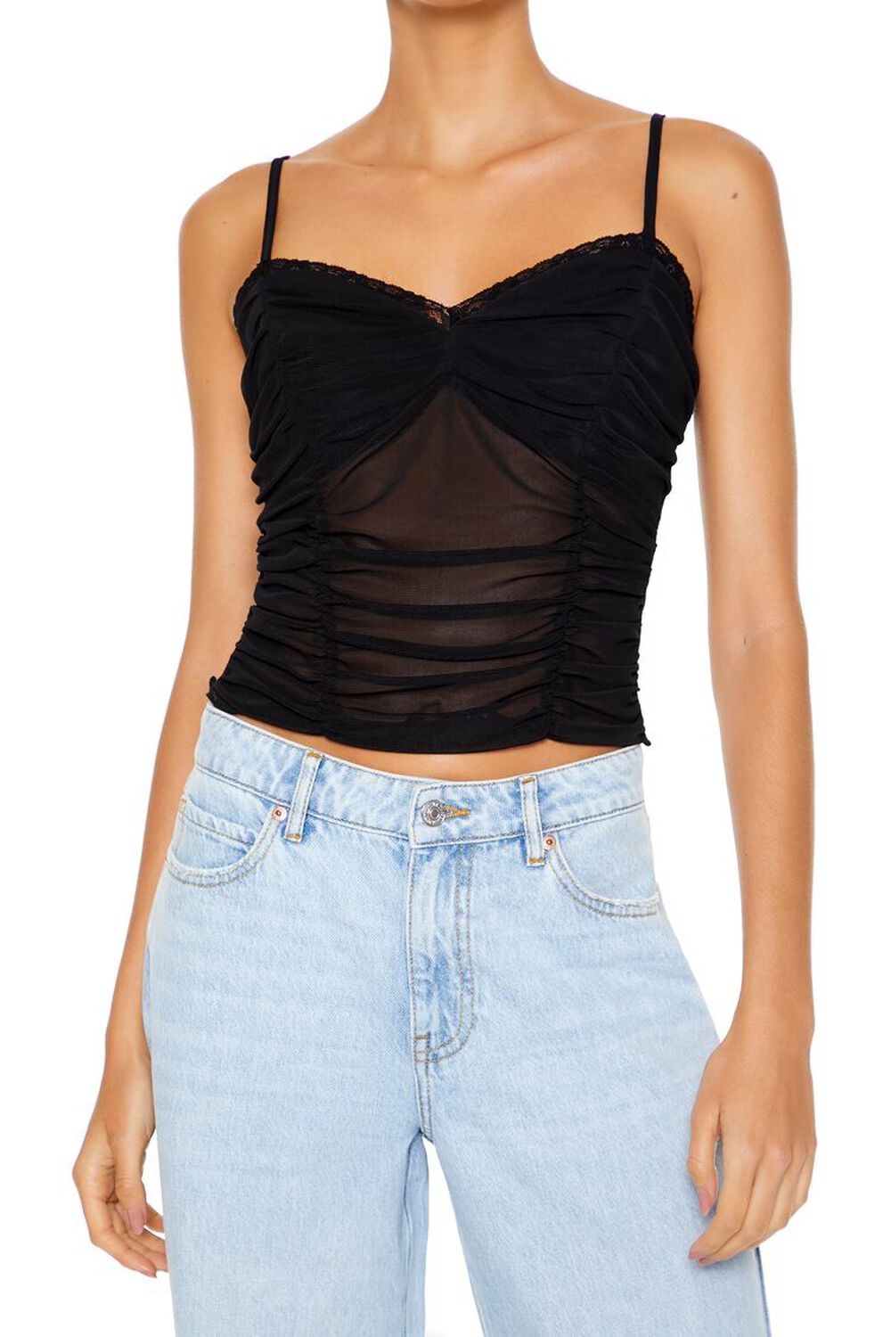 Lace-Trim Ruched Mesh Cami