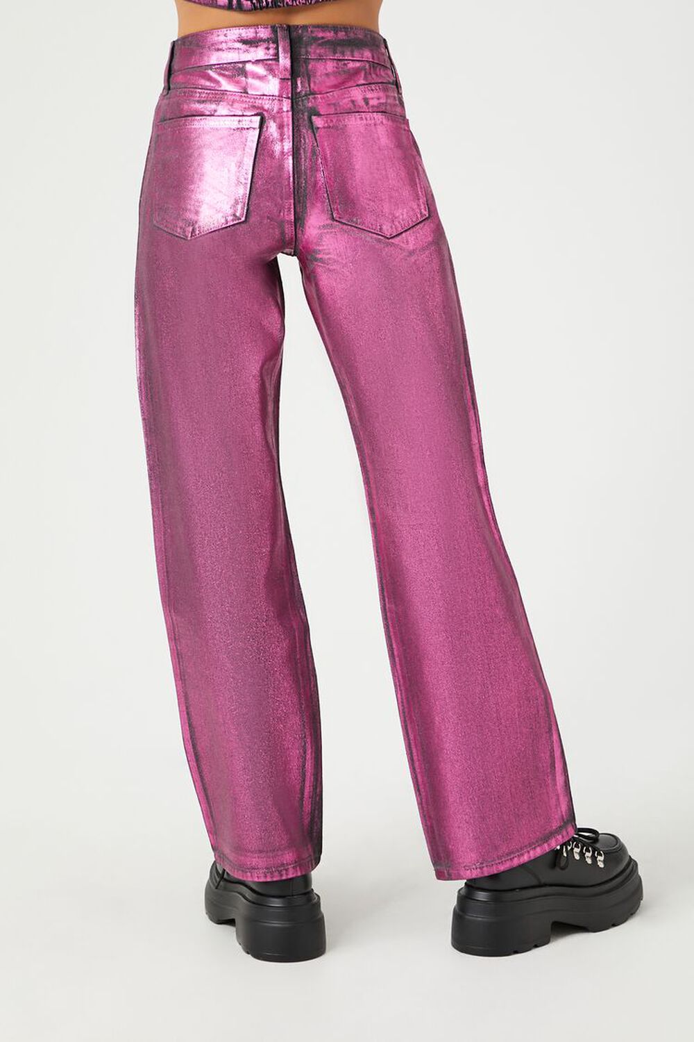 Pink Metallic Coated Denim Straight Leg Jeans