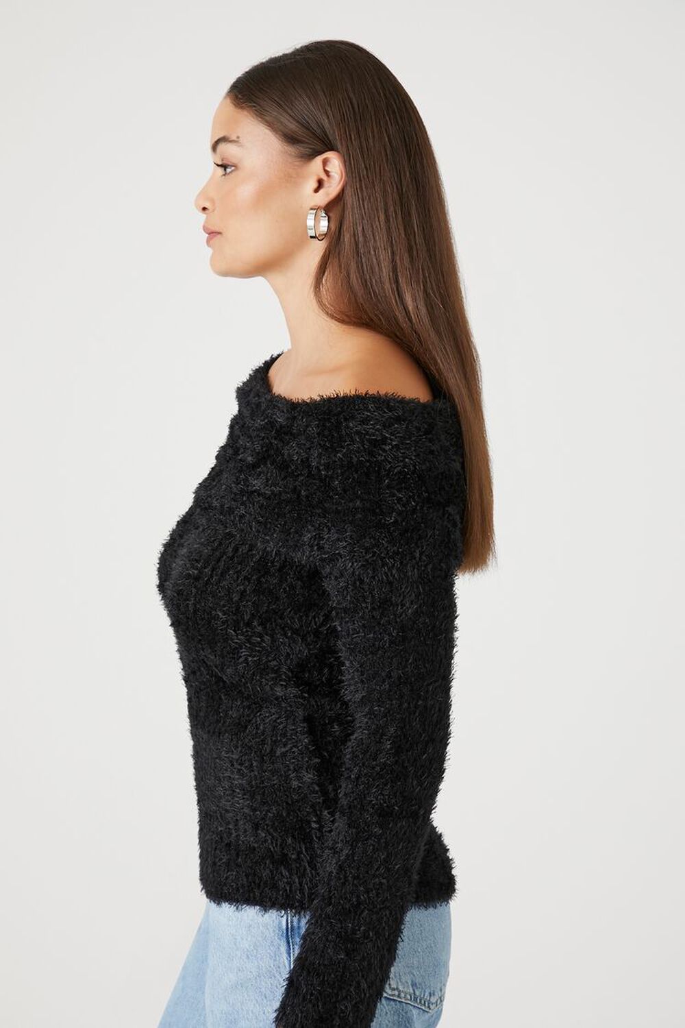 BLACK Fuzzy Knit Off-the-Shoulder Sweater, image 2