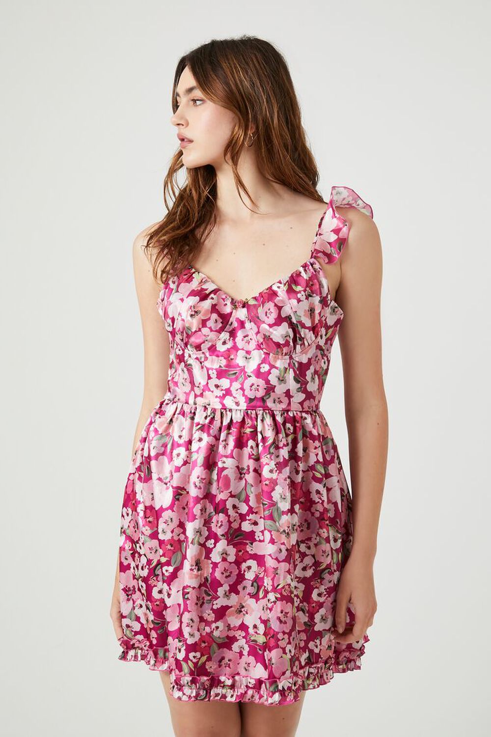 Vestido Forever 21 Oferta - Tropical Ruffle-Trim Mini Mujer Rosas Multicolor