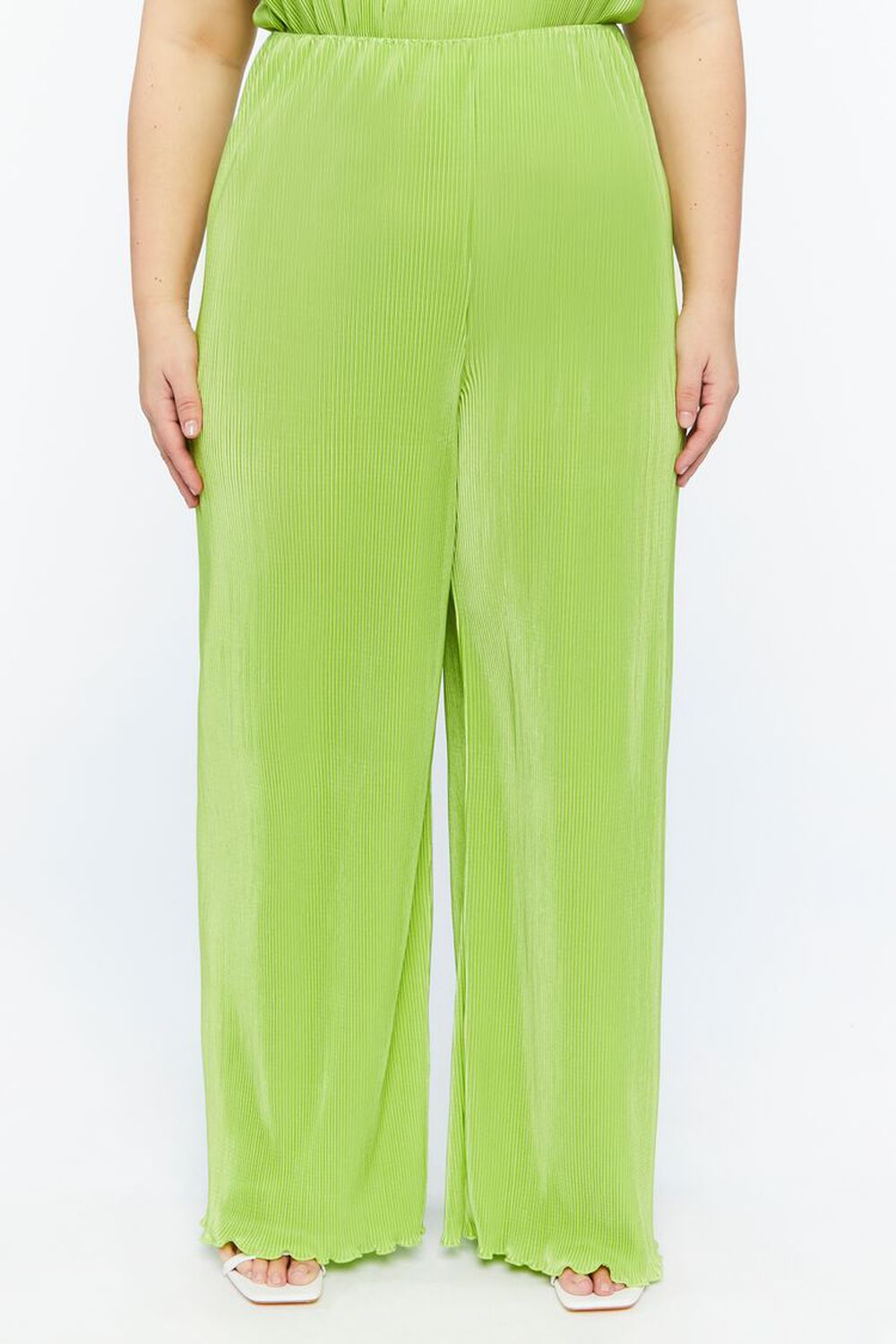 GREEN Plus Size Plisse Lettuce-Edge Wide-Leg Pants, image 2