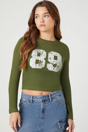 FOREVER 21 Women Olive Green Self-Striped Ribbed Crop Top