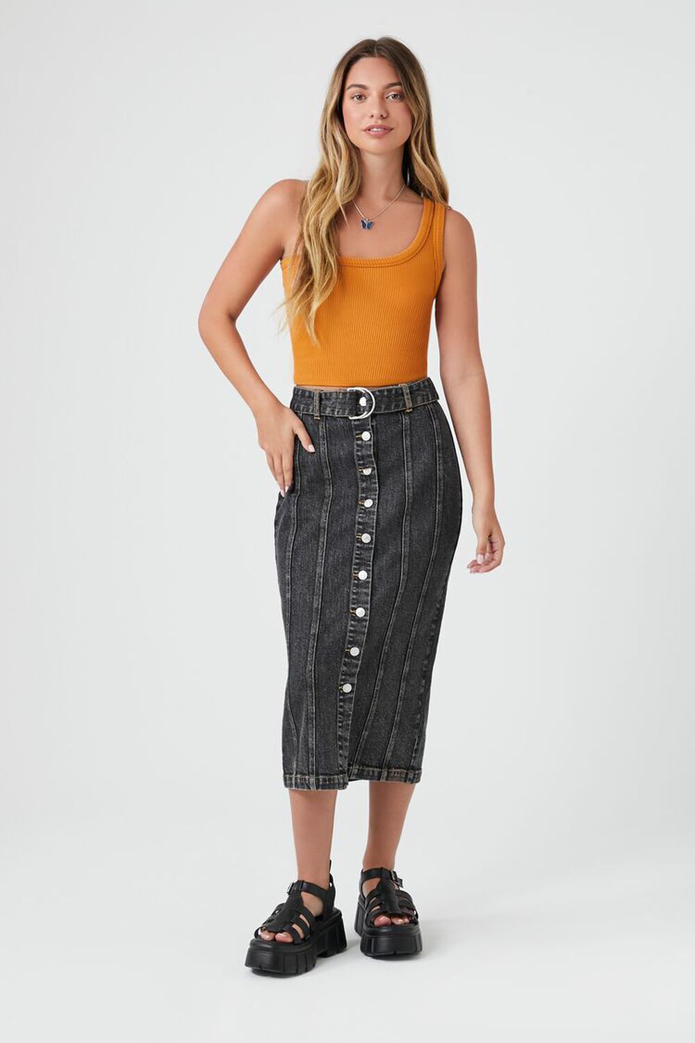 BLACK Button-Front Denim Midi Skirt, image 1