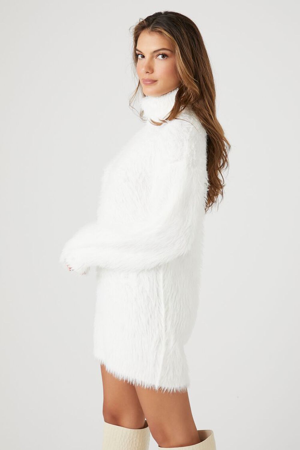 WHITE Faux Fur Mini Sweater Dress, image 3