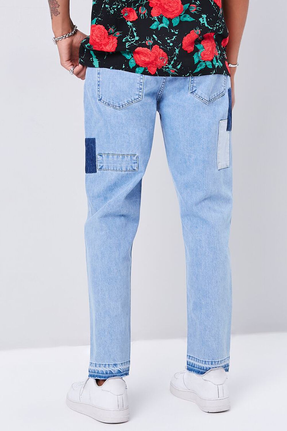Huakaishijie Men Straight Leg Jeans Frayed Patchwork Color Block