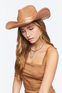 BROWN/BROWN Studded Faux Leather-Trim Cowboy Hat, image 1