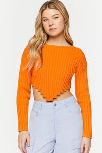 NEON ORANGE Ribbed V-Hem Long-Sleeve Crop Top, image 1