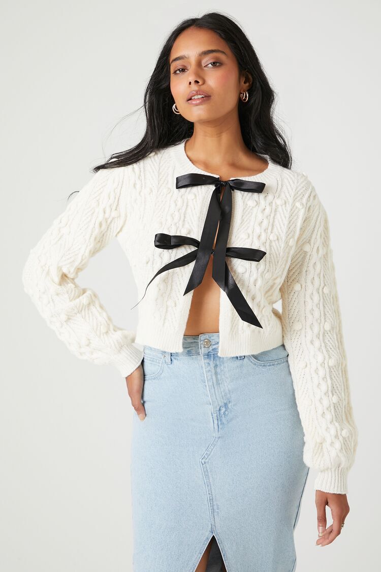 Sweater-Knit Bow Open-Front Top