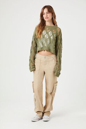 Pam Ribbed Knit Cropped Sweater - Olive Green