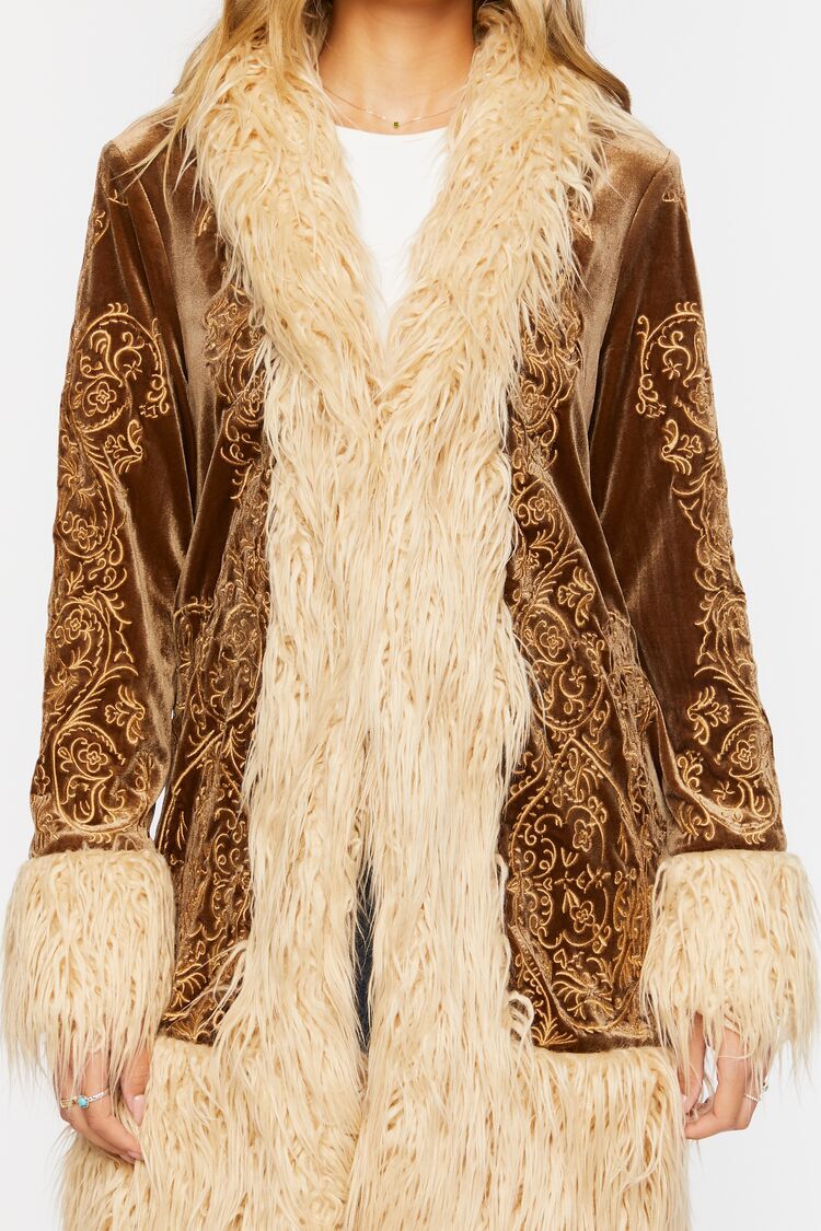 Faux Fur-Trim Embroidered Coat