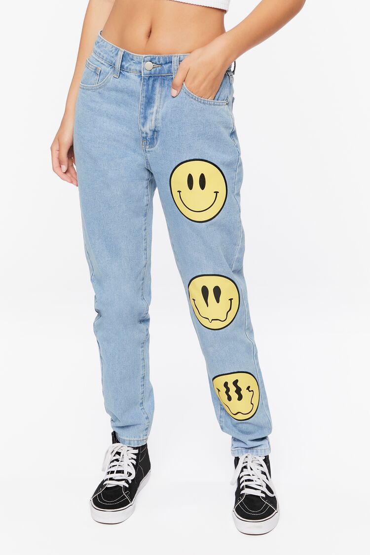 Happy Face Graphic Wide-Leg Jeans