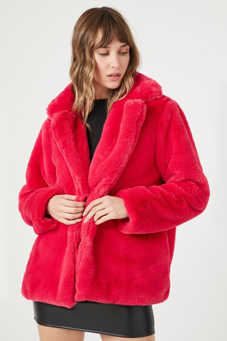 Notched Faux Fur Coat