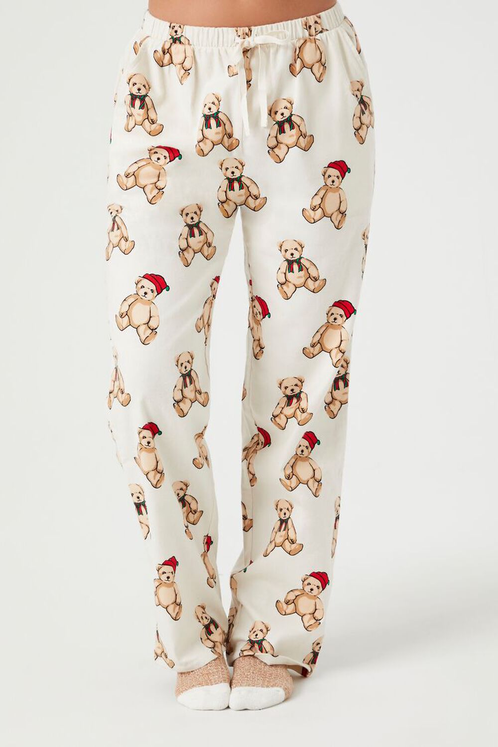 Forever 21 Women's Teddy Bear Print Pajama Jumpsuit in Vanilla