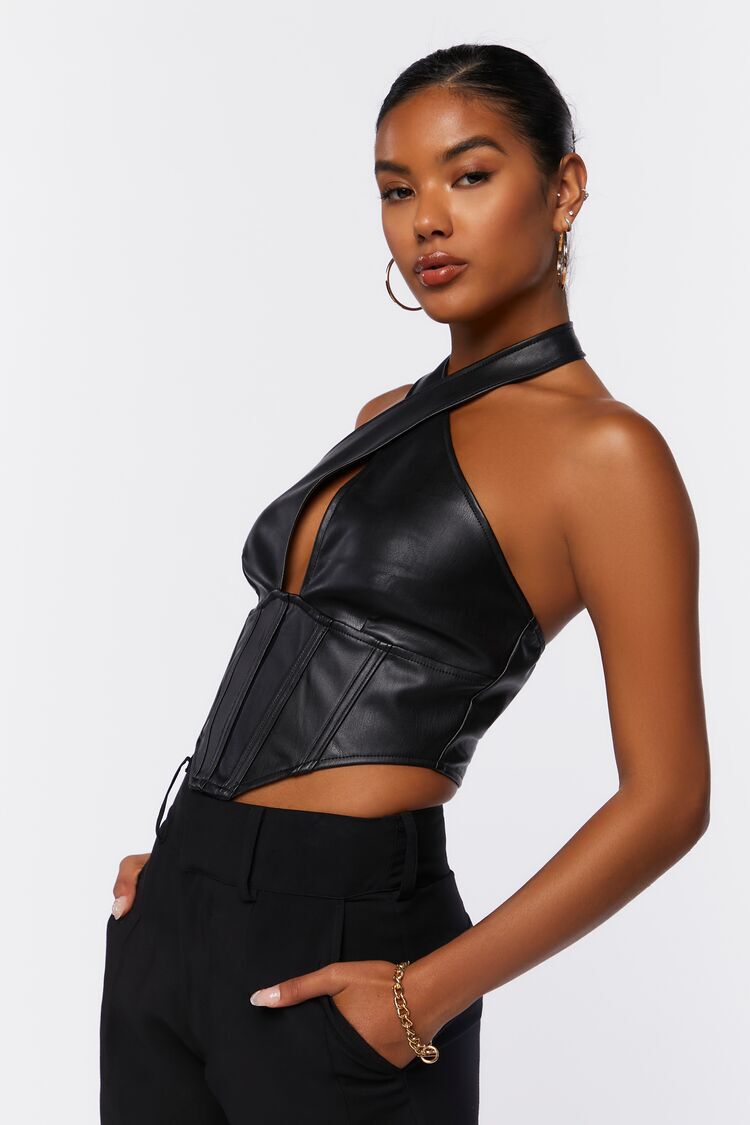 Faux Leather Halter Crop Top