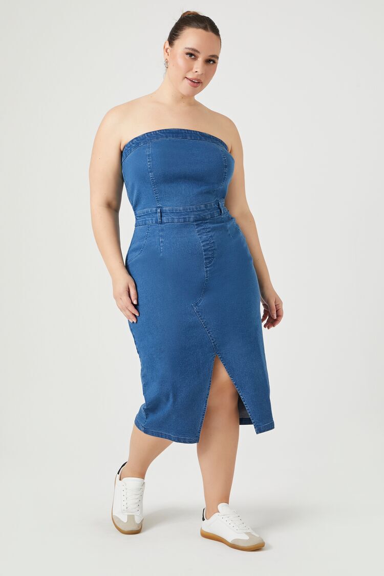 Standards & Practices Plus Size Indigo Tencel Denim Spaghetti Strap Maxi  Wrap Dress -Jodi | Modern Plus Size Designer Dresses Online